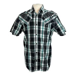 Roar Shirt Men's XXL Teal Black Plaid Short Sleeve Embroidered Y2K Rodeo Western